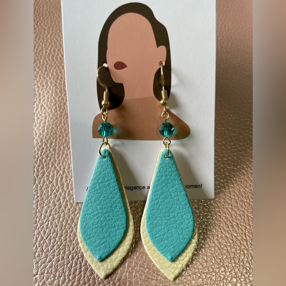 Blue Zircon Swarovski & Light Blue/ Cream Teardrop Faux Leather Earrings